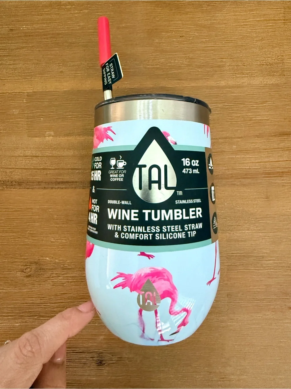 Tal Stainless Steel Wine Tumbler - 16oz, Flamingo, Pink on Light Blue